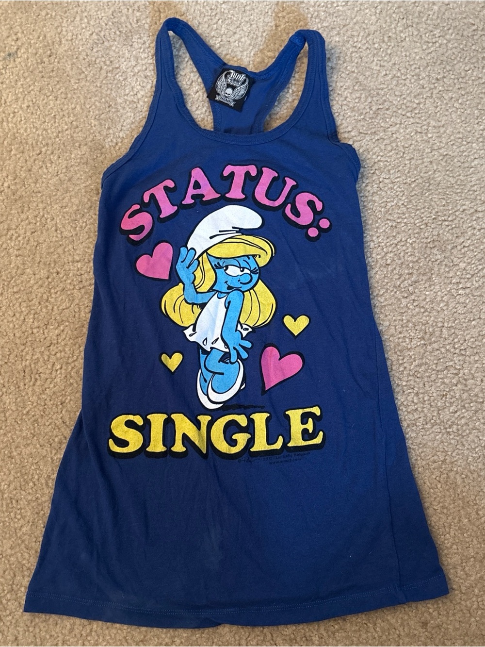 2011 Junk Food Smurfette "STATUS: SINGLE" Navy Graphic Tank Size Small